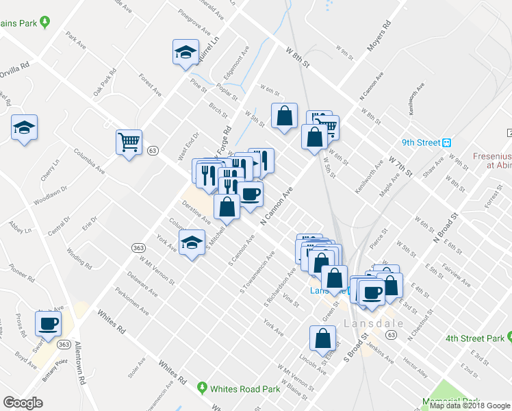 map of restaurants, bars, coffee shops, grocery stores, and more near 798 West 2nd Street in Lansdale