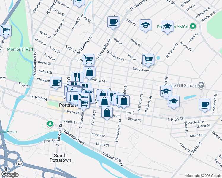 map of restaurants, bars, coffee shops, grocery stores, and more near 70 North Franklin Street in Pottstown