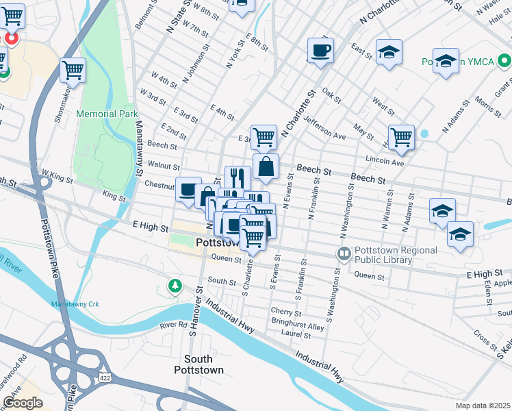 map of restaurants, bars, coffee shops, grocery stores, and more near 263 King Street in Pottstown