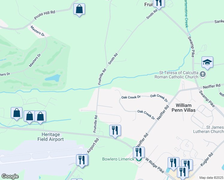 map of restaurants, bars, coffee shops, grocery stores, and more near 33 Rutherford Court in Royersford