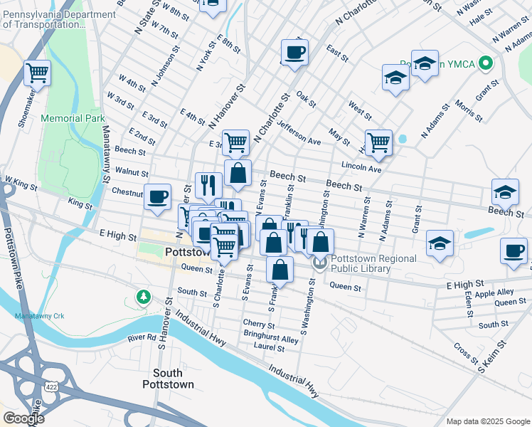 map of restaurants, bars, coffee shops, grocery stores, and more near 351 Chestnut Street in Pottstown