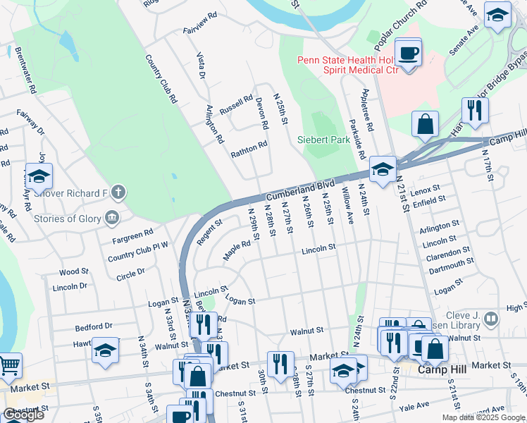 map of restaurants, bars, coffee shops, grocery stores, and more near 366 North 28th Street in Camp Hill