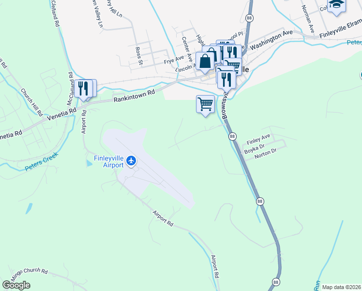 map of restaurants, bars, coffee shops, grocery stores, and more near 215 Stonebridge Drive in Finleyville
