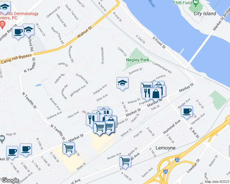 map of restaurants, bars, coffee shops, grocery stores, and more near 510 Ohio Avenue in Lemoyne