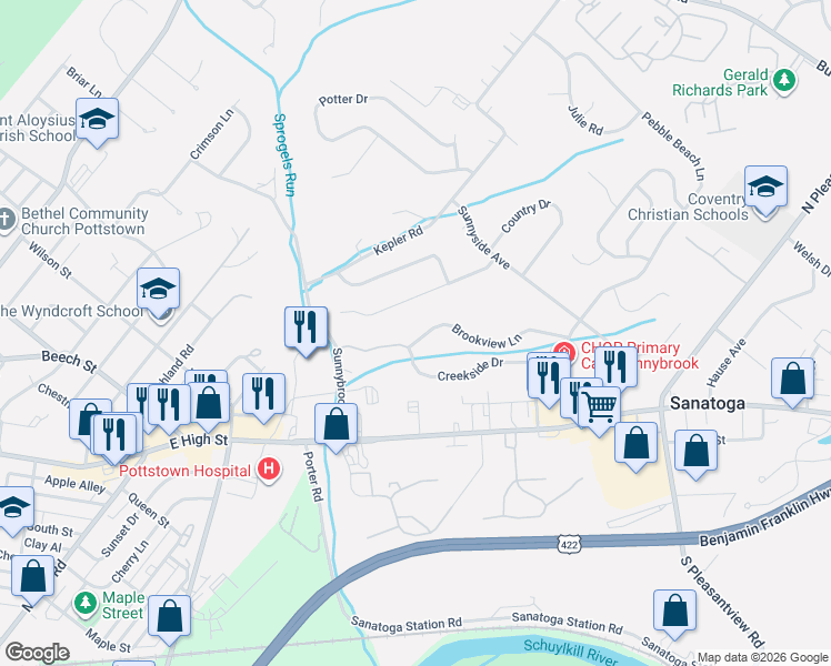 map of restaurants, bars, coffee shops, grocery stores, and more near 201 Creekside Drive in Pottstown