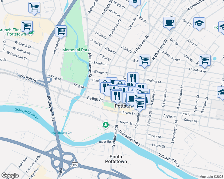 map of restaurants, bars, coffee shops, grocery stores, and more near 146 King Street in Pottstown