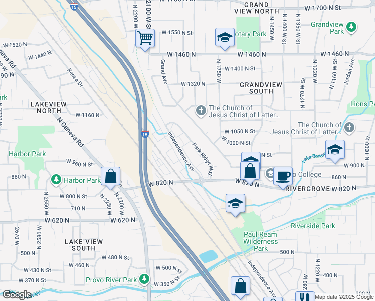 map of restaurants, bars, coffee shops, grocery stores, and more near 984 Independence Avenue in Provo