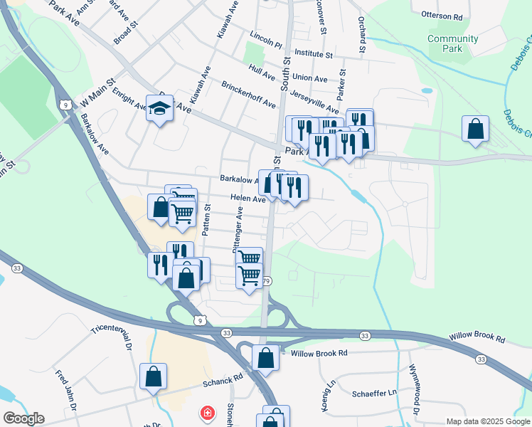 map of restaurants, bars, coffee shops, grocery stores, and more near 180 South Street in Freehold