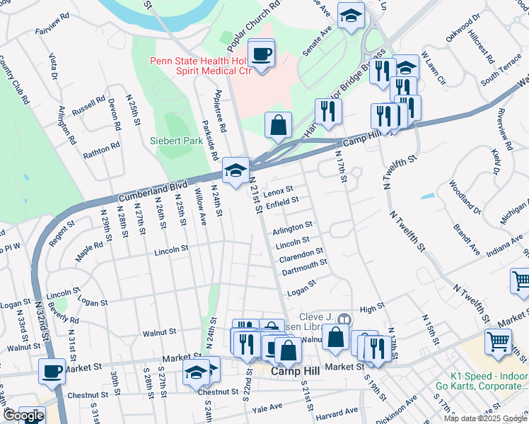 map of restaurants, bars, coffee shops, grocery stores, and more near 331 North 21st Street in Camp Hill