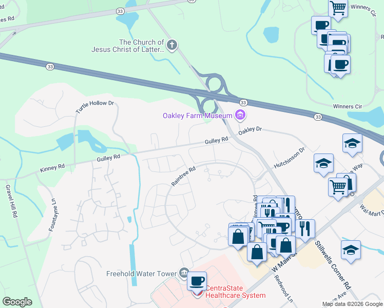 map of restaurants, bars, coffee shops, grocery stores, and more near 98 Almond Road in Freehold