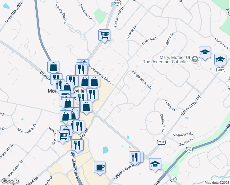 map of restaurants, bars, coffee shops, grocery stores, and more near 302 Hopkins Court in North Wales
