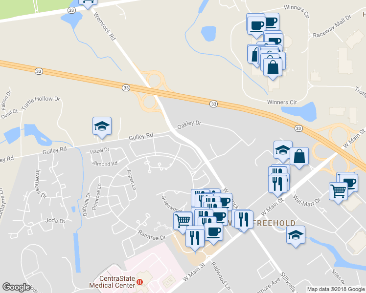 map of restaurants, bars, coffee shops, grocery stores, and more near 293 Tulip Lane in Freehold