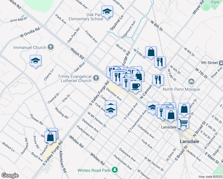 map of restaurants, bars, coffee shops, grocery stores, and more near 911 Columbia Avenue in Lansdale