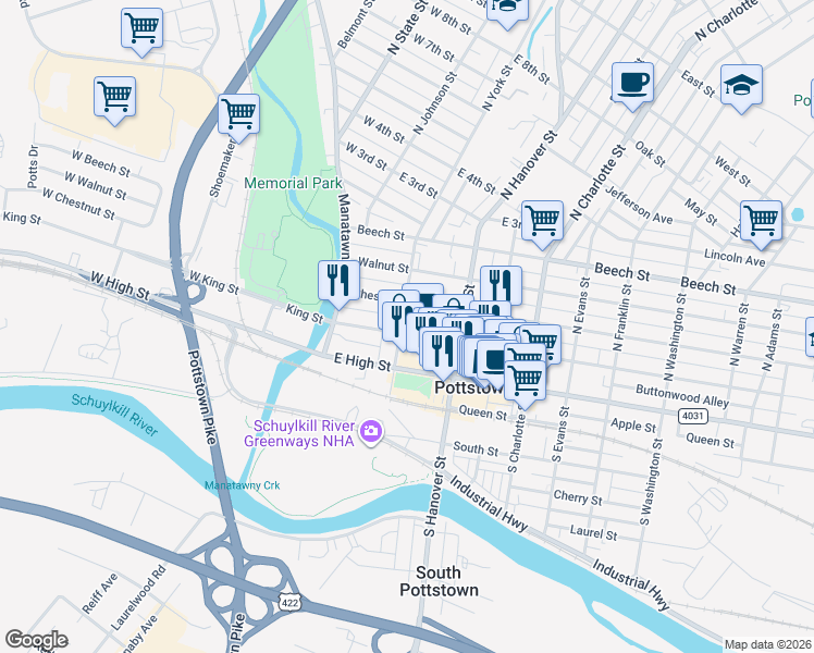 map of restaurants, bars, coffee shops, grocery stores, and more near 16 North York Street in Pottstown