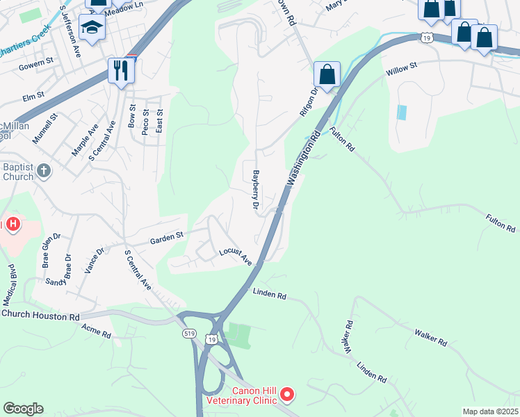 map of restaurants, bars, coffee shops, grocery stores, and more near 1044 Bayberry Drive in Canonsburg