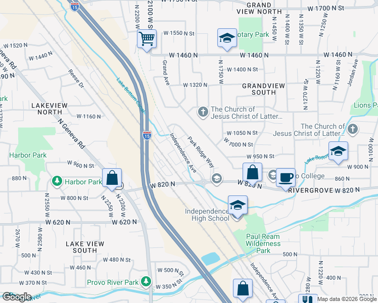 map of restaurants, bars, coffee shops, grocery stores, and more near 986 Independence Avenue in Provo