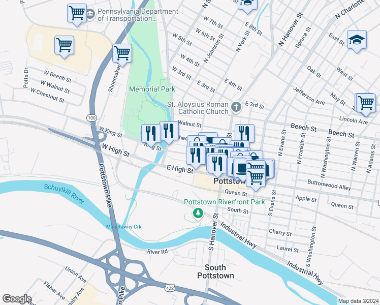 map of restaurants, bars, coffee shops, grocery stores, and more near 16 North York Street in Pottstown
