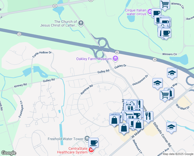 map of restaurants, bars, coffee shops, grocery stores, and more near 149 Tulip Lane in Freehold Township