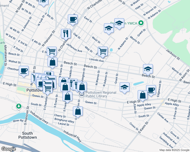 map of restaurants, bars, coffee shops, grocery stores, and more near 564 Walnut Street in Pottstown
