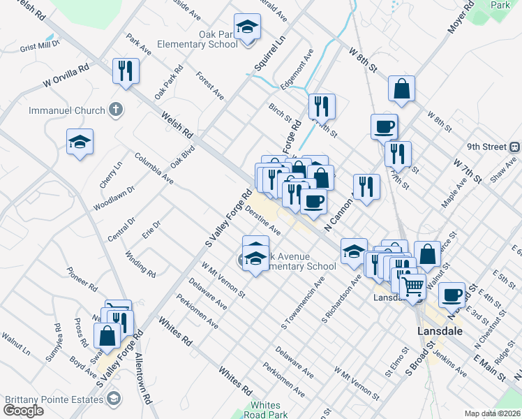 map of restaurants, bars, coffee shops, grocery stores, and more near 21 South Valley Forge Road in Lansdale
