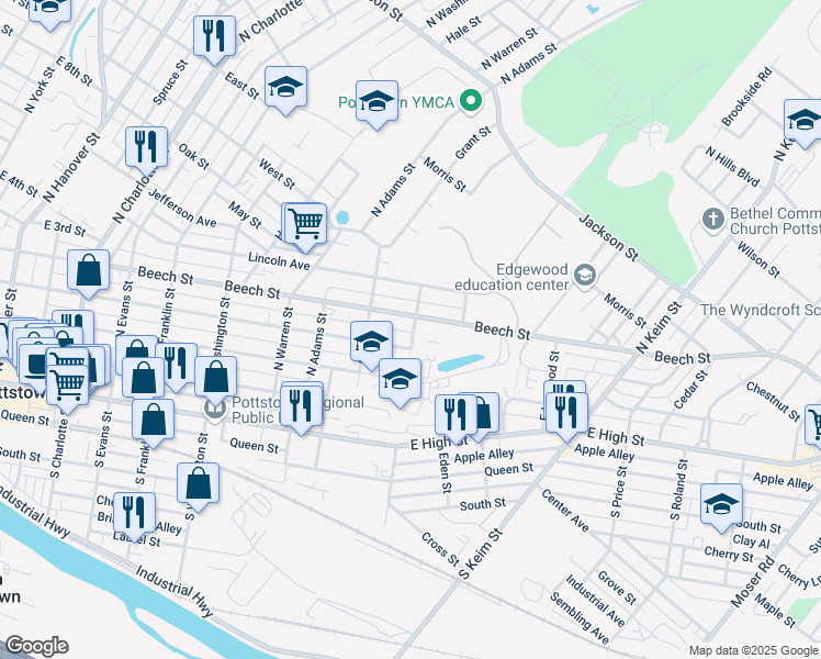 map of restaurants, bars, coffee shops, grocery stores, and more near 167 Sheridan Street in Pottstown