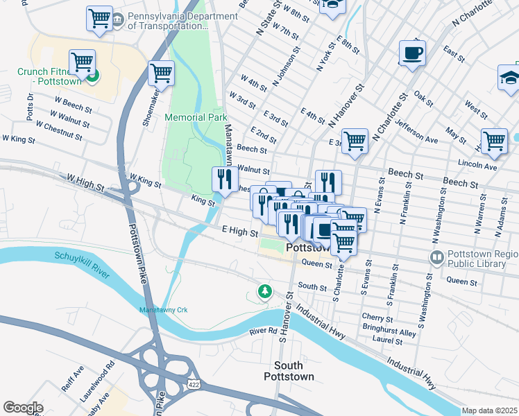 map of restaurants, bars, coffee shops, grocery stores, and more near 16 North York Street in Pottstown