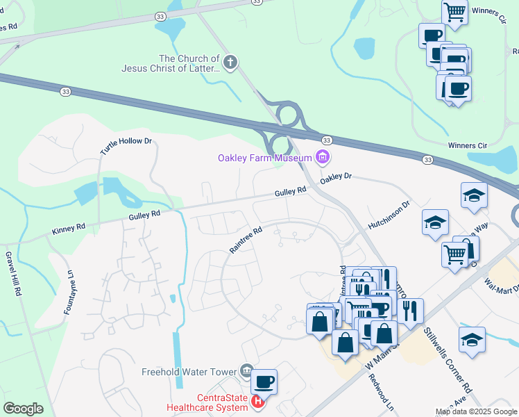 map of restaurants, bars, coffee shops, grocery stores, and more near 187 Tulip Lane in Freehold