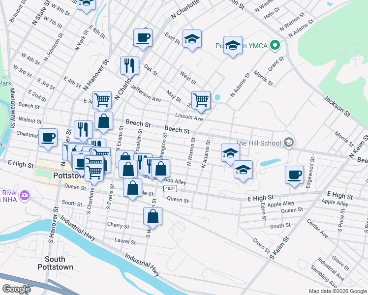map of restaurants, bars, coffee shops, grocery stores, and more near 529 Chestnut Street in Pottstown