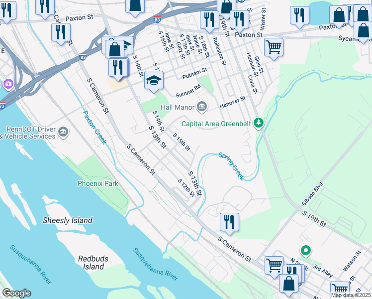 map of restaurants, bars, coffee shops, grocery stores, and more near 1425 South 14th Street in Harrisburg