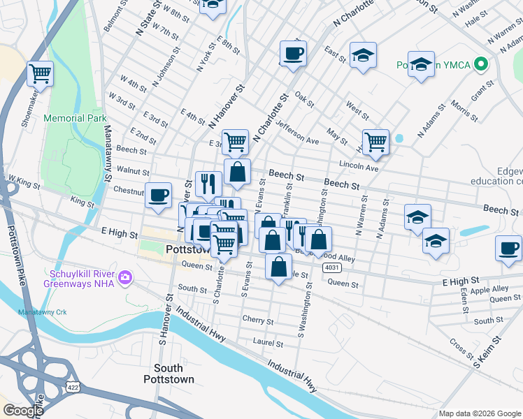 map of restaurants, bars, coffee shops, grocery stores, and more near 345 Chestnut Street in Pottstown