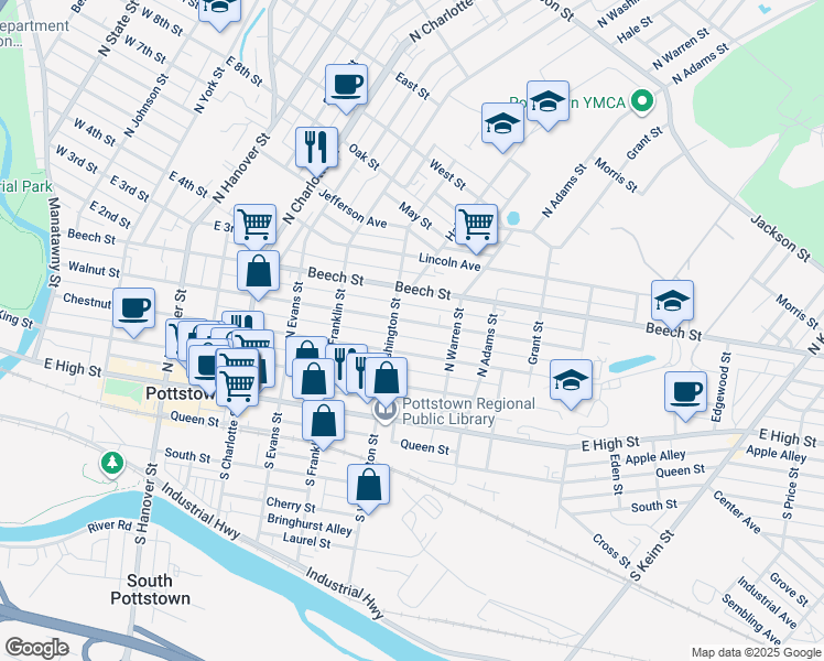 map of restaurants, bars, coffee shops, grocery stores, and more near 520 Walnut Street in Pottstown