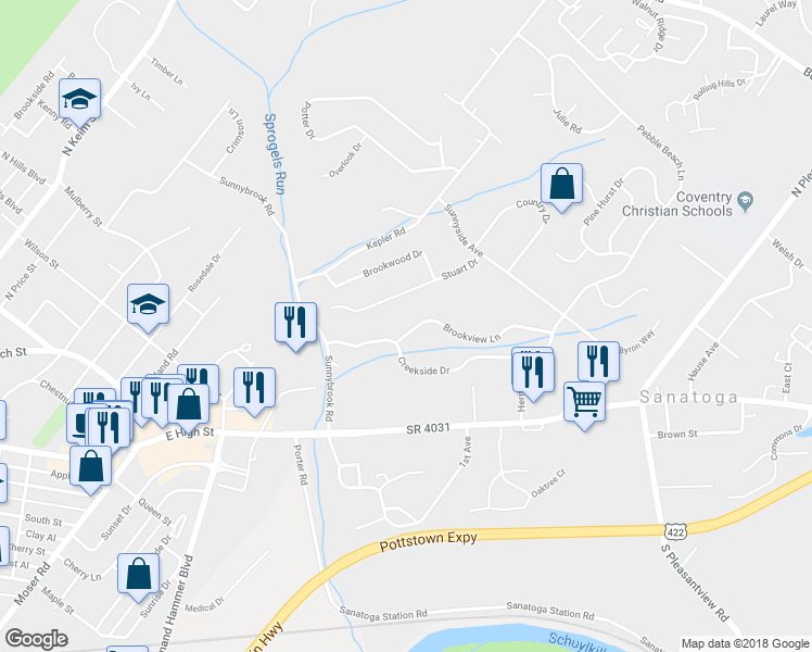 map of restaurants, bars, coffee shops, grocery stores, and more near 51 Brookview Lane in Pottstown