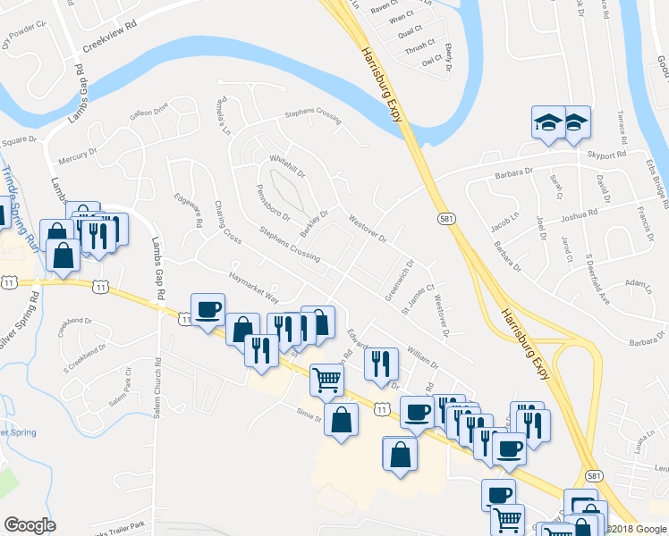 map of restaurants, bars, coffee shops, grocery stores, and more near 6354 Stephens Crossing in Cumberland County
