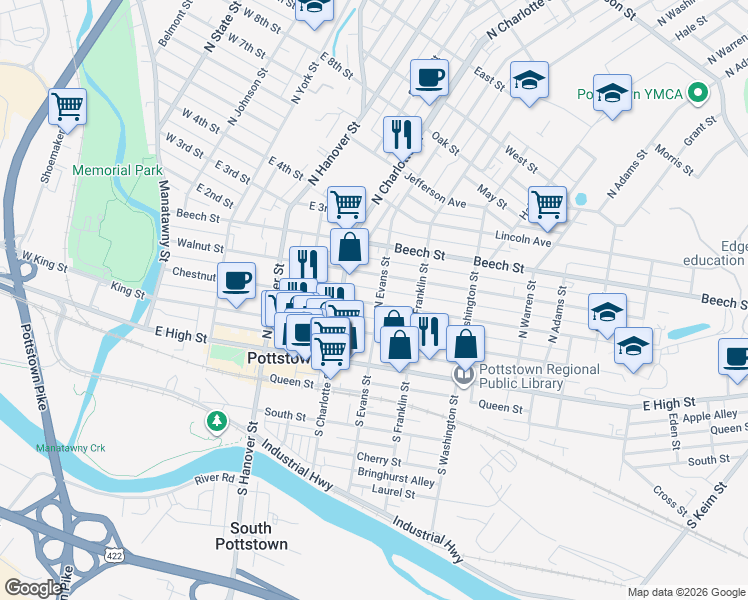 map of restaurants, bars, coffee shops, grocery stores, and more near 350 Walnut Street in Pottstown