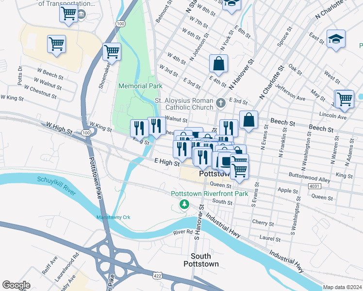 map of restaurants, bars, coffee shops, grocery stores, and more near 65 King Street in Pottstown