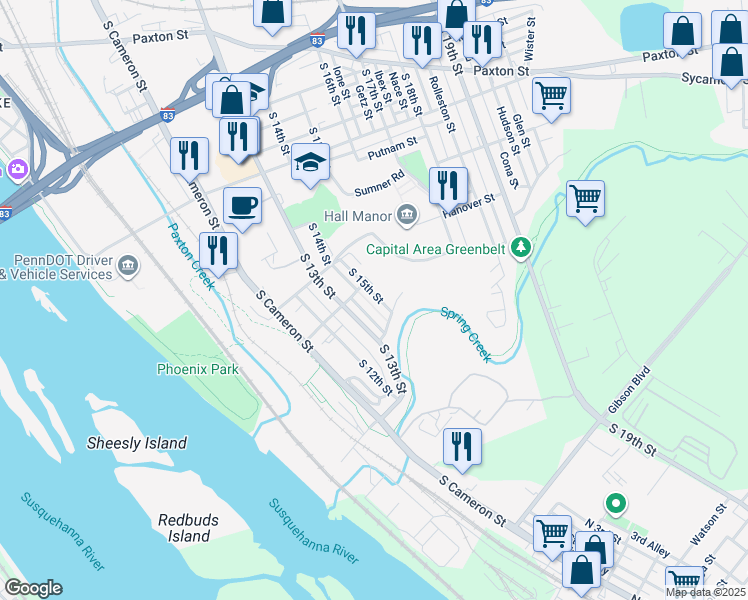 map of restaurants, bars, coffee shops, grocery stores, and more near 1425 South 14th Street in Harrisburg