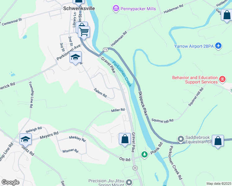 map of restaurants, bars, coffee shops, grocery stores, and more near 170 Salem Road in Schwenksville