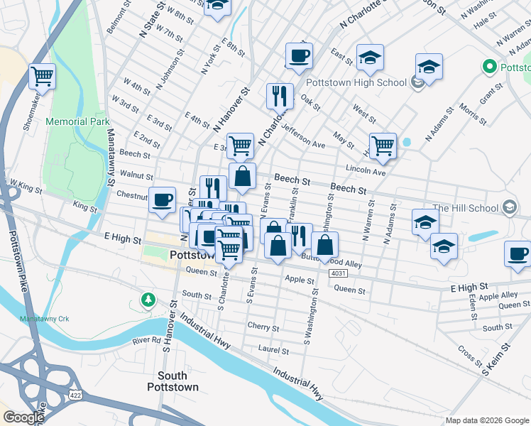 map of restaurants, bars, coffee shops, grocery stores, and more near 350 Walnut Street in Pottstown