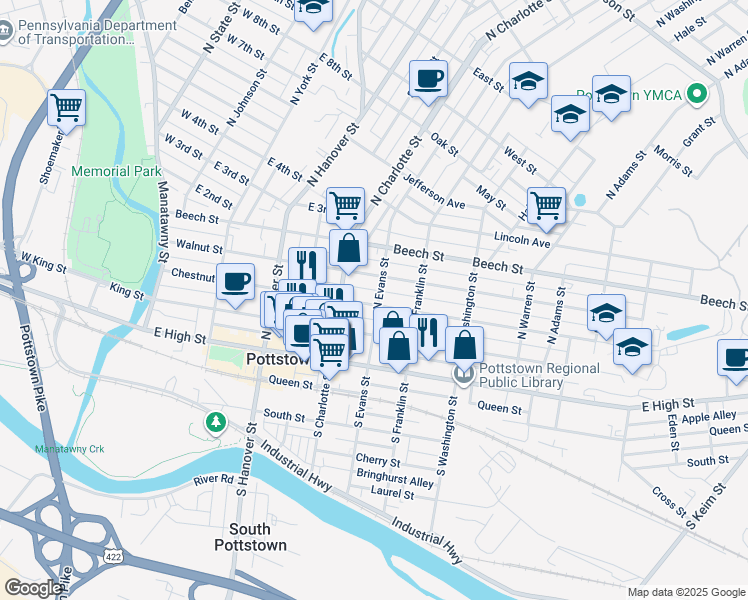 map of restaurants, bars, coffee shops, grocery stores, and more near 350 Walnut Street in Pottstown