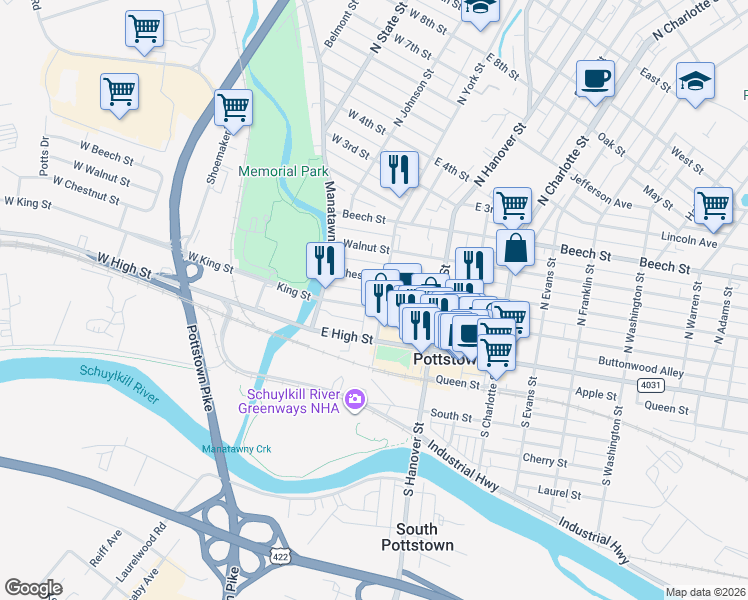 map of restaurants, bars, coffee shops, grocery stores, and more near 66 Chestnut Street in Pottstown
