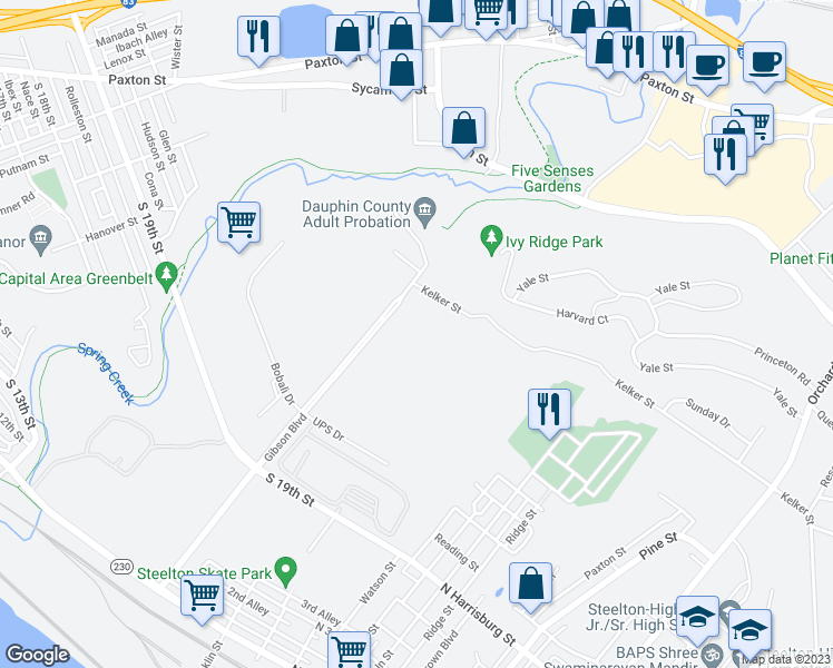 map of restaurants, bars, coffee shops, grocery stores, and more near 912 Gibson Boulevard in Harrisburg