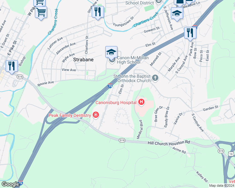 map of restaurants, bars, coffee shops, grocery stores, and more near 535 Chesnic Drive in Canonsburg
