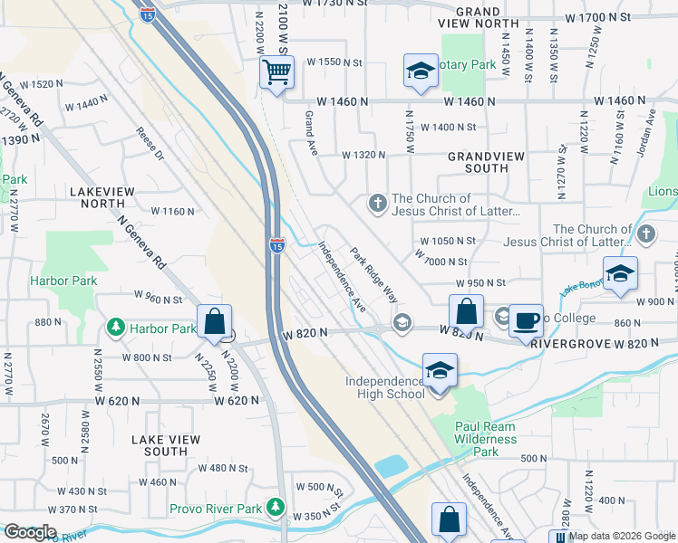 map of restaurants, bars, coffee shops, grocery stores, and more near 1011 Independence Avenue in Provo