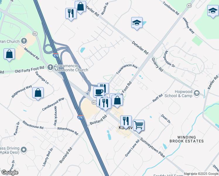 map of restaurants, bars, coffee shops, grocery stores, and more near 1001 Towamencin Avenue in Lansdale