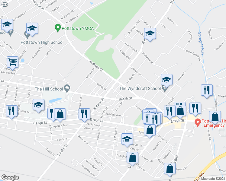 map of restaurants, bars, coffee shops, grocery stores, and more near 118 North Keim Street in Pottstown