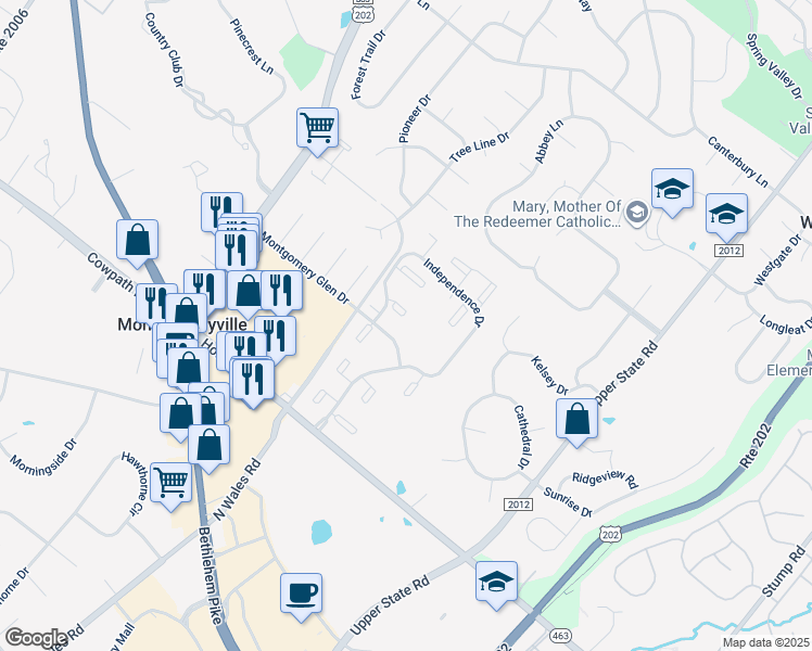 map of restaurants, bars, coffee shops, grocery stores, and more near 404 Stockton Court in North Wales