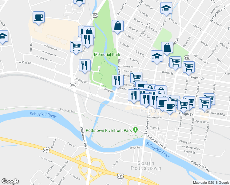 map of restaurants, bars, coffee shops, grocery stores, and more near 4 King Street in Pottstown