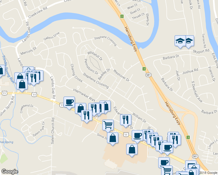 map of restaurants, bars, coffee shops, grocery stores, and more near 6393 Stephens Crossing in Mechanicsburg