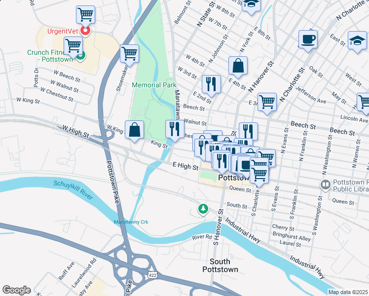 map of restaurants, bars, coffee shops, grocery stores, and more near 26 Chestnut Street in Pottstown