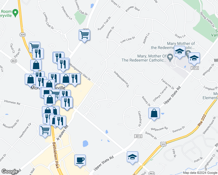 map of restaurants, bars, coffee shops, grocery stores, and more near 407 Stockton Court in North Wales